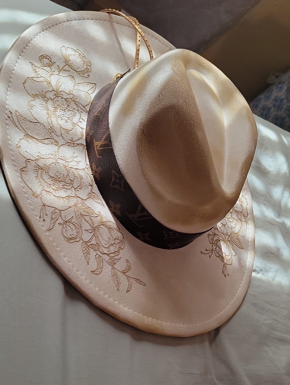 Women's Hand Burned Floral Wide-Brim Hat with Monogram Band - Cream